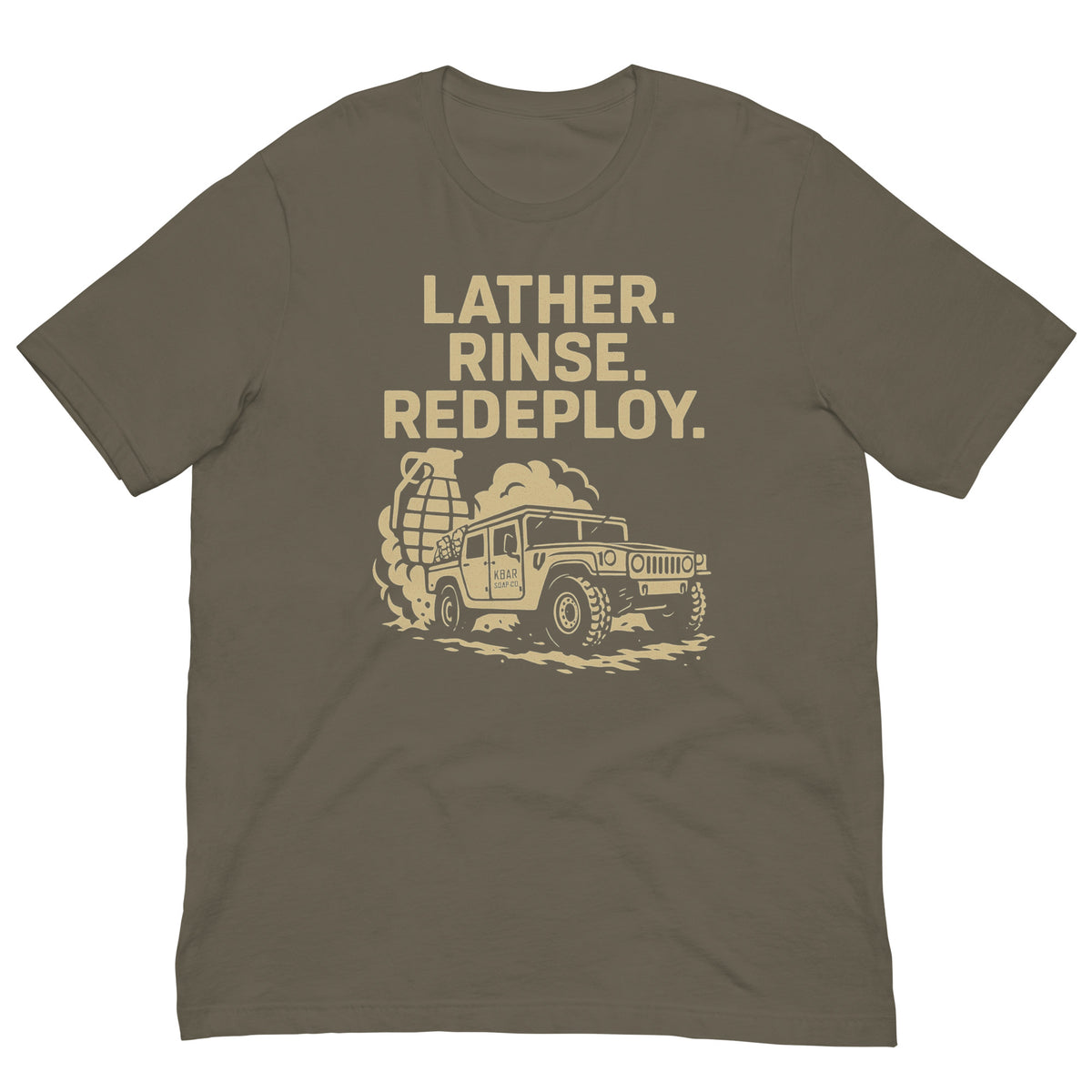 Brown army  colored t-shirt with the text 'LATHER, RINSE, REDEPLOY' on it, featuring an image of a jeep.