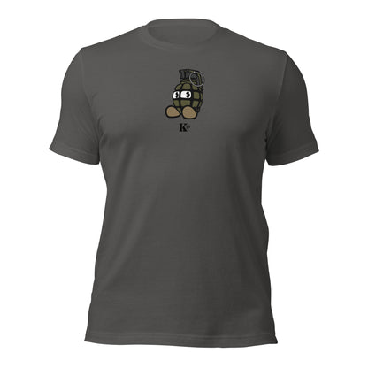 A gray Bella Canvas t-shirt with a graphic print of a character named 'Boomer' on the back.