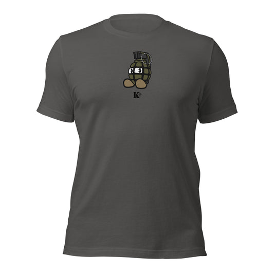 A gray Bella Canvas t-shirt with a graphic print of a character named 'Boomer' on the back.