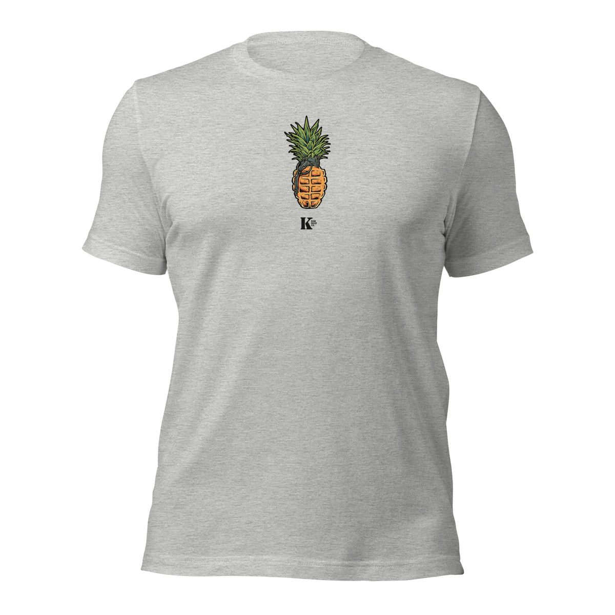 A gray t-shirt with a graphic of a pineapple and the letter 'K' on the front.