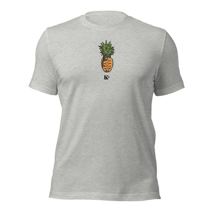 A gray t-shirt with a graphic of a pineapple and the letter 'K' on the front.