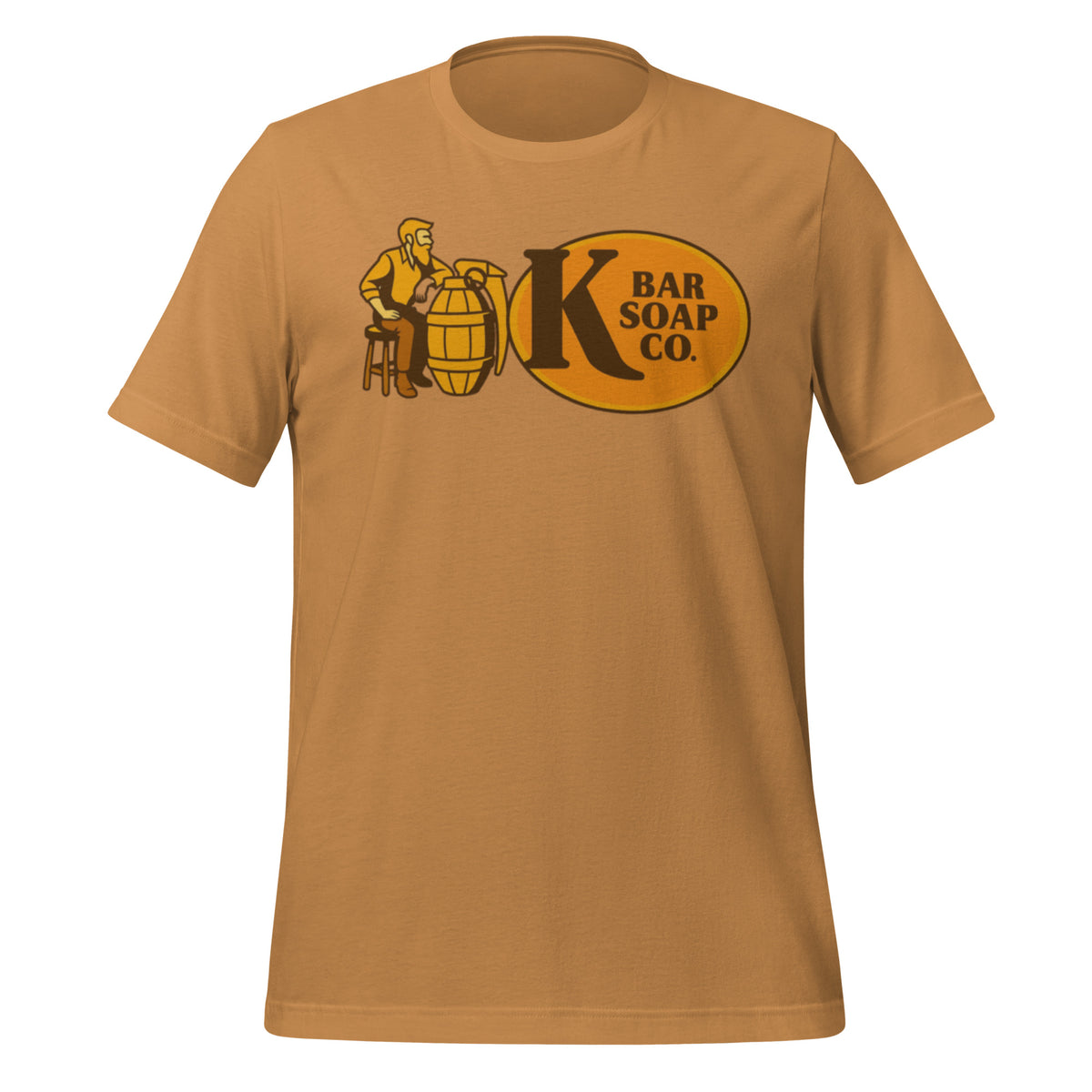Tan KBSC Cracker Barrel t-shirt with K Bar Soap Co logo