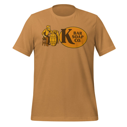 Brown t-shirt with K Bar Soap Co logo on a white background