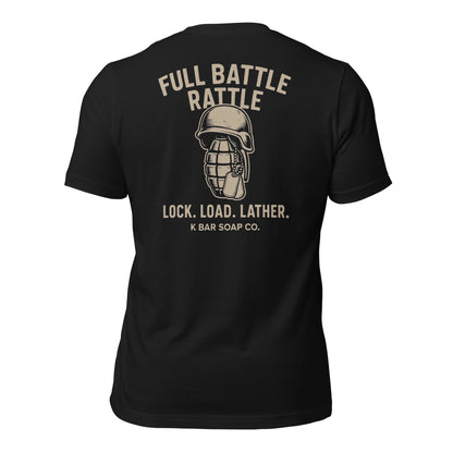 Back of black T-shirt that says ' Full Battle Rattle Lock, Load, Lather K Bar Soap company showing a grenade with helmet on it. 