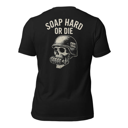 Black T-shirt showing backside of shirt that says ' Soap Hard or Die' with a skull with grenade in mouth