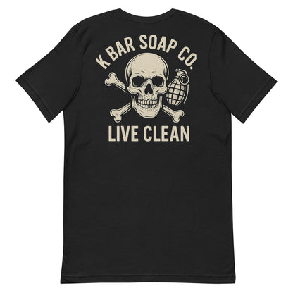 Black T-shirt with skull n bones and grenade with K bar soap company live clean 