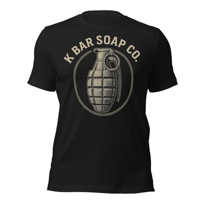 Black Vintage Nade K Bar Soap Co t-shirt with grenade graphic