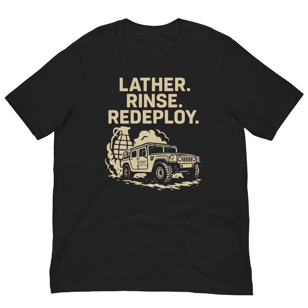 A jeep with a grenade behind it on a black  t-shirt with the text 'LATHER, RINSE, REDEPLOY' on it, featuring an image of a vehicle.