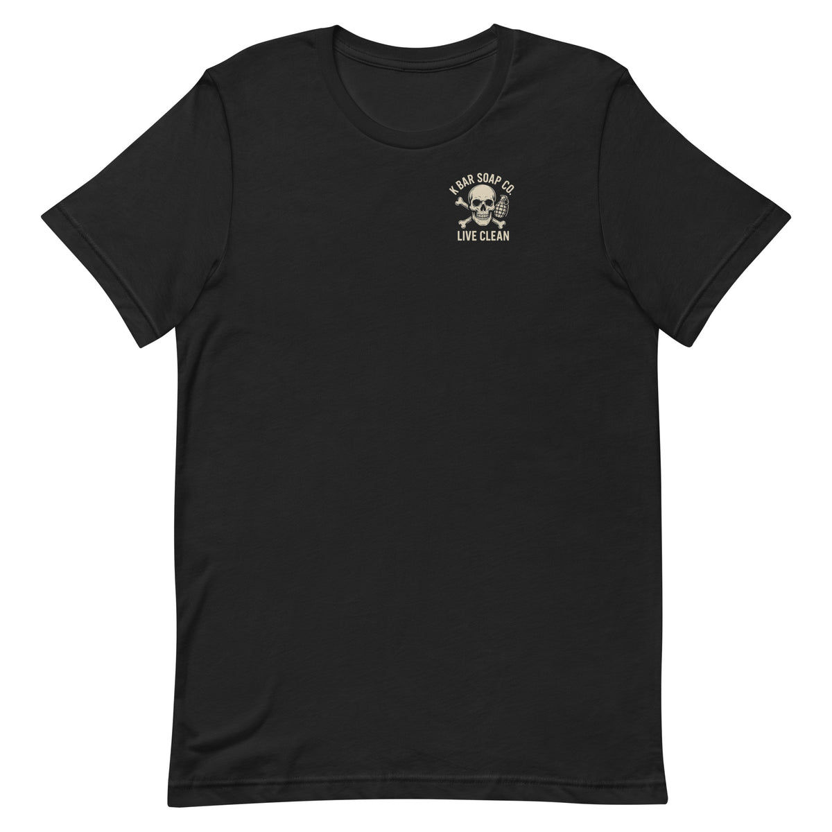 A person wearing a black t-shirt with 'K BAR SOAP CO. LIVE CLEAN' graphic on the back, featuring a skull and crossbones design.