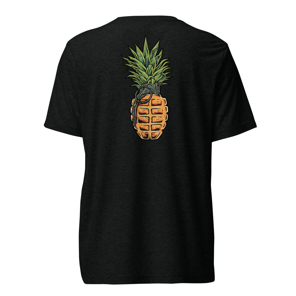 Black Pineapple Frag tri-blend t-shirt, back, pineapple grenade print
