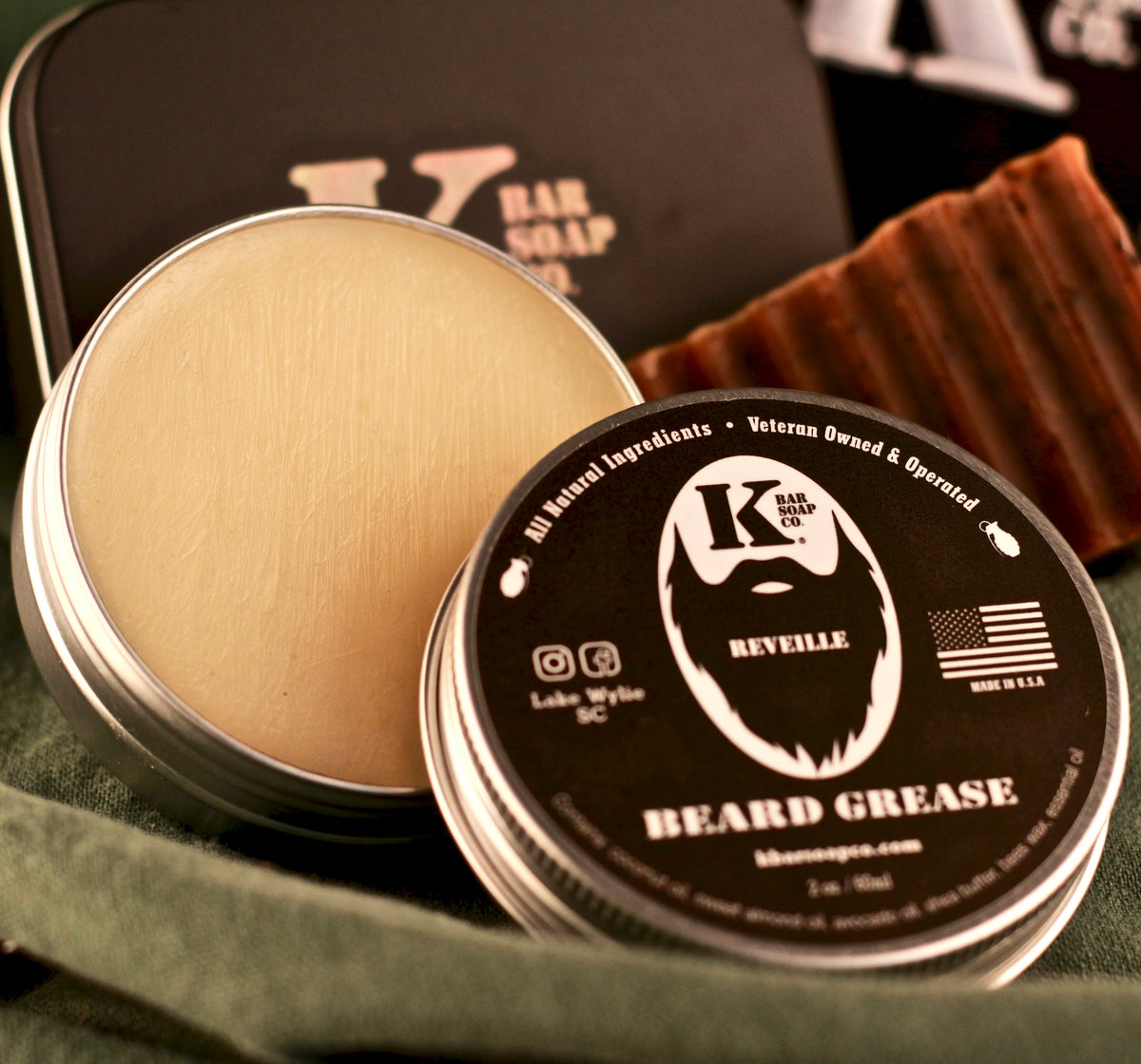 Reveille coffee beard grease, open tin showing the balm