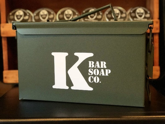 .50 Cal Ammo Can with K Bar Logo and Shelf of Beard Grease Behind it