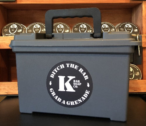 5.56 Ammo Can with K Bar logo with shelf of beard grease in back