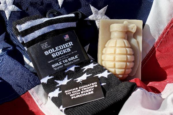 Grenade soap, SOLEDIER socks on American flag