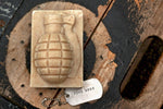 Fu*k Bugs Repellent Grenade Soap with dog tag and cedar soap dish on background