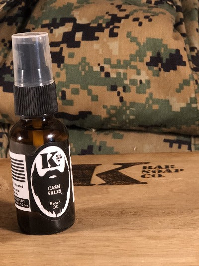 Cash Sales Beard Oil with Camo in background