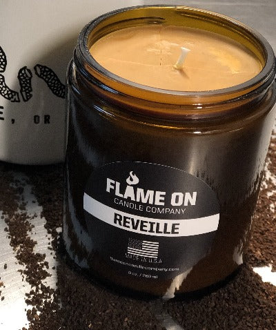 Flame On Reveille Candle open and coffee cup