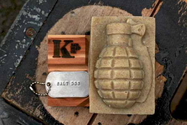 Salt Dog Grenade Soap with dog tag on wooden flag soap dish