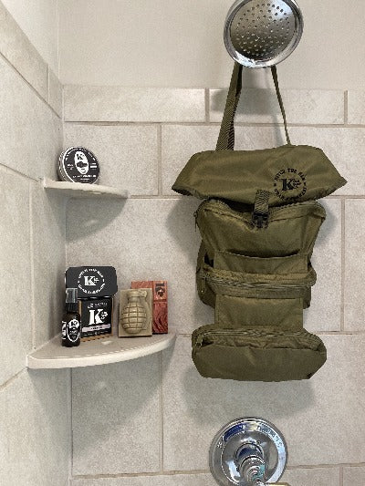 K Bar Ditty Bag hanging in shower