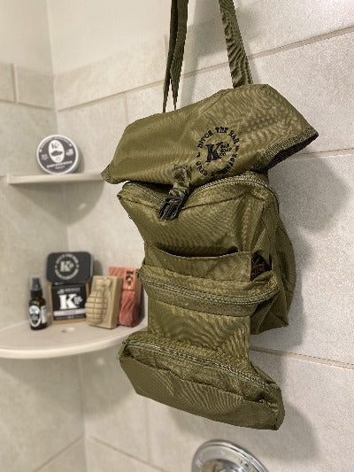 K Bar Dopp Bag unfolded hanging in shower