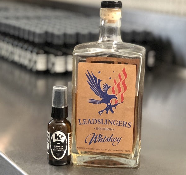 
                  
                    Whiskey & Bad Decisions Beard Oil with Leadslinger's Whiskey bottle
                  
                
