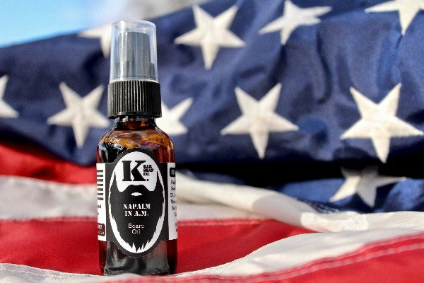 Napalm in the AM Beard Oil from K Bar Soap Co on American flag
