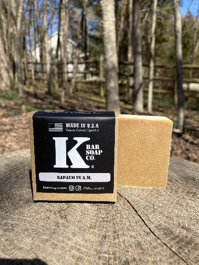 
                  
                    K Bar Napalm in the AM Soap Bar in black packaging with logo
                  
                