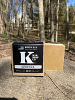 K Bar Napalm in the AM Soap Bar in black packaging with logo