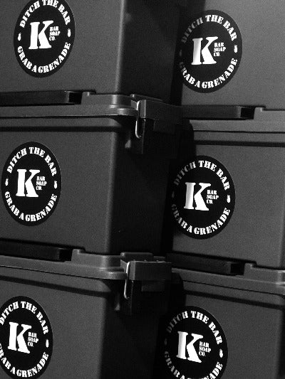 Six 5.56 Ammo Cans stacked with K Bar logo