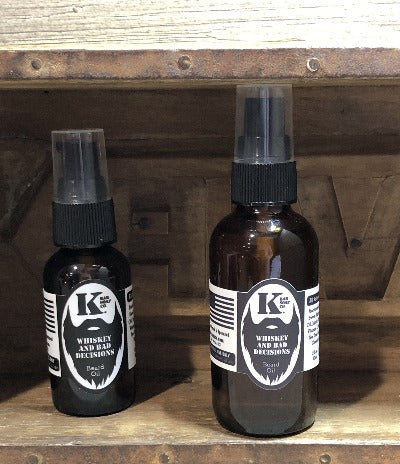 
                  
                    Whiskey & Bad Decisions Beard Oil small and large bottles
                  
                